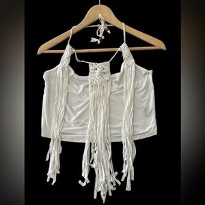 POL Fringe Halter Top with wooden beads NWOT